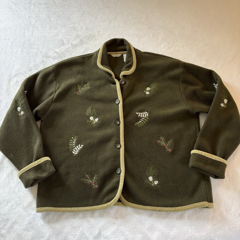 Vtg Christopher & Banks Fleece Jacket Sz Large Green Embroidered Holiday Winter